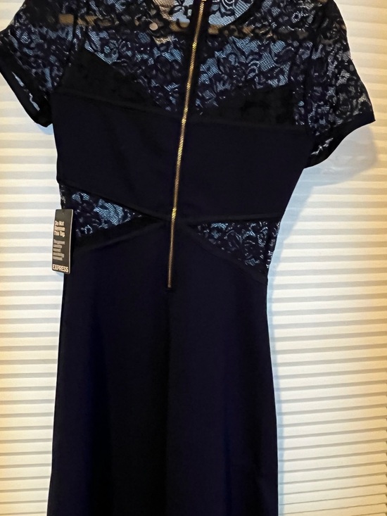 Express Dresses & Skirts - Express Navy Lace Midi Dress with Gold Zip Back
